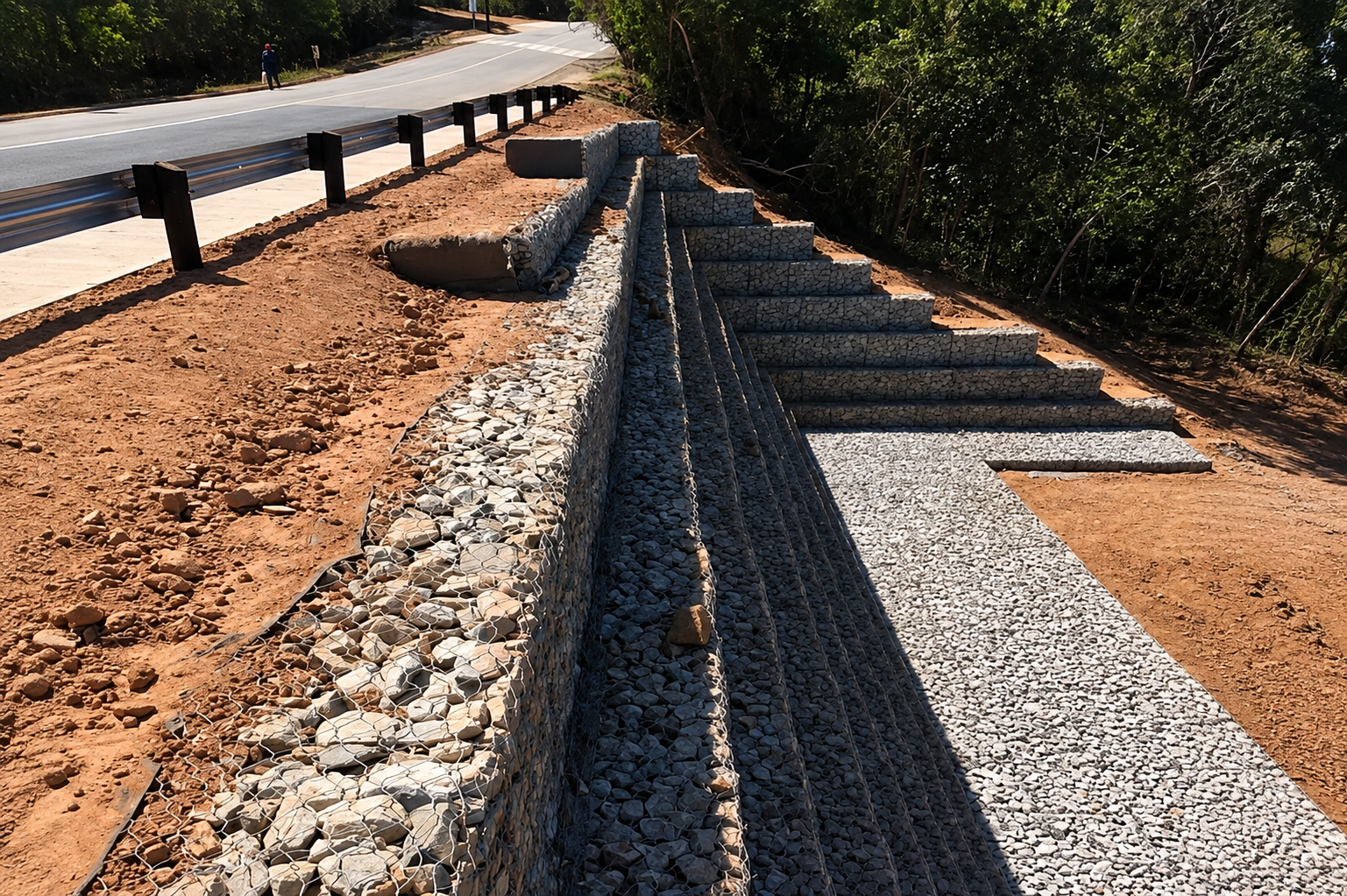 Gabion retaining wall and stone drainage channel along a roadside on a Casnan Civils civil engineering project