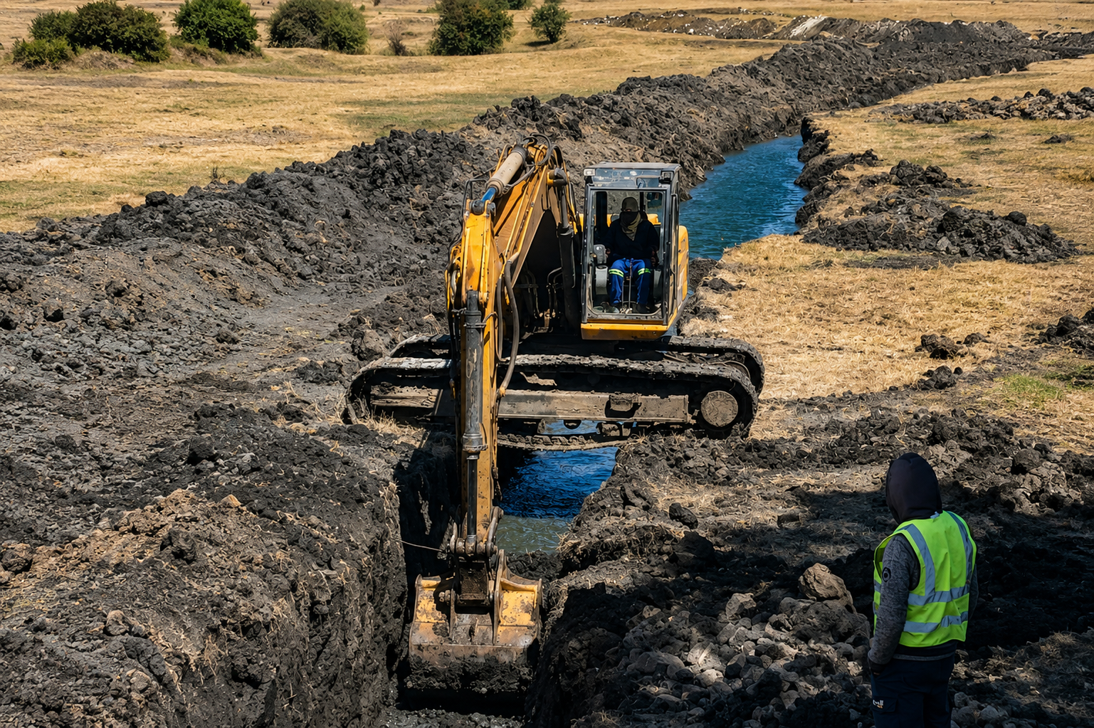Excavator digging a water pipeline trench across open ground on a Casnan Civils water infrastructure project